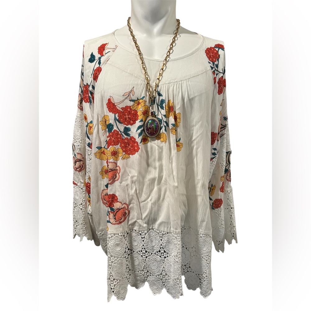 Boho Cream Floral Crochet-Hem Tunic Top - Picture 1 of 6